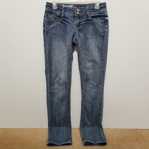 Mossimo jeans 5 Skinny embroidered back pockets whiskered denim light distress - Picture 1 of 13